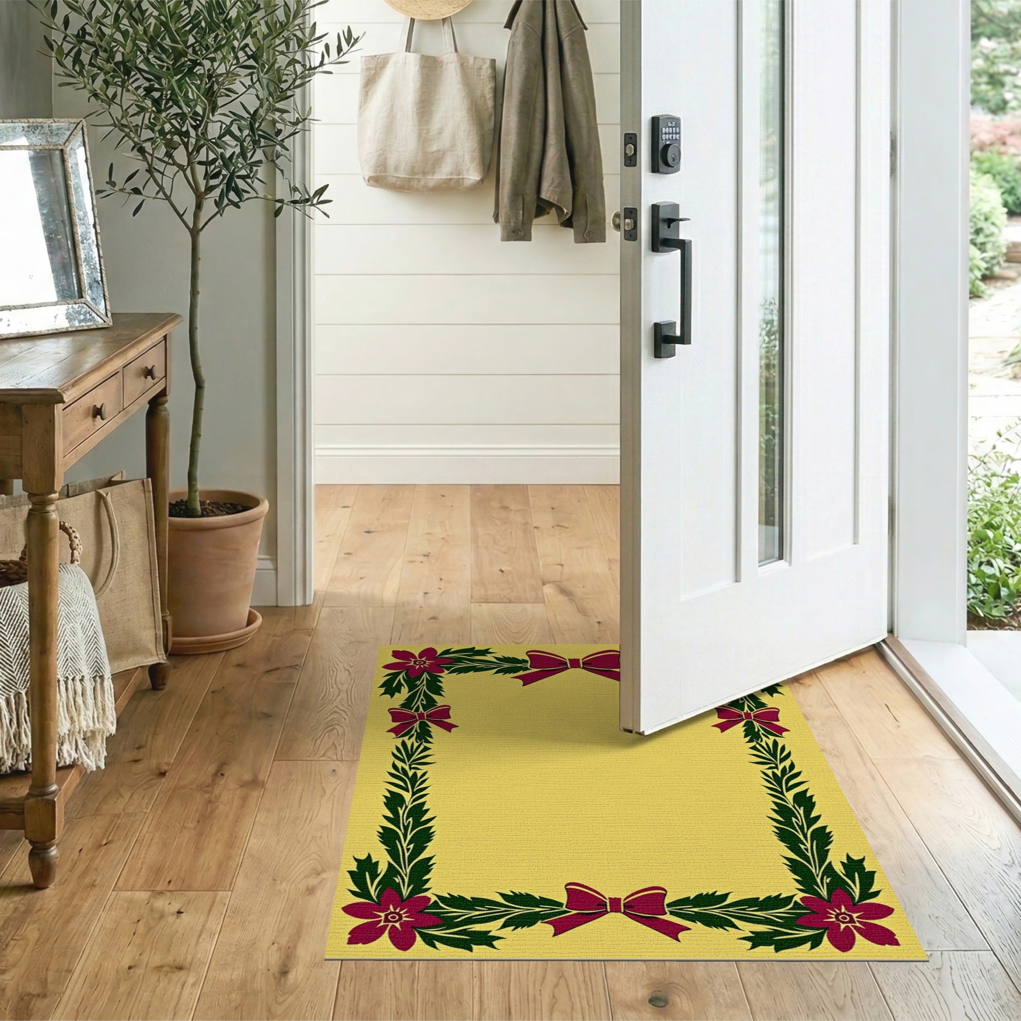 Festive Poinsettia Holly Border Area Rug