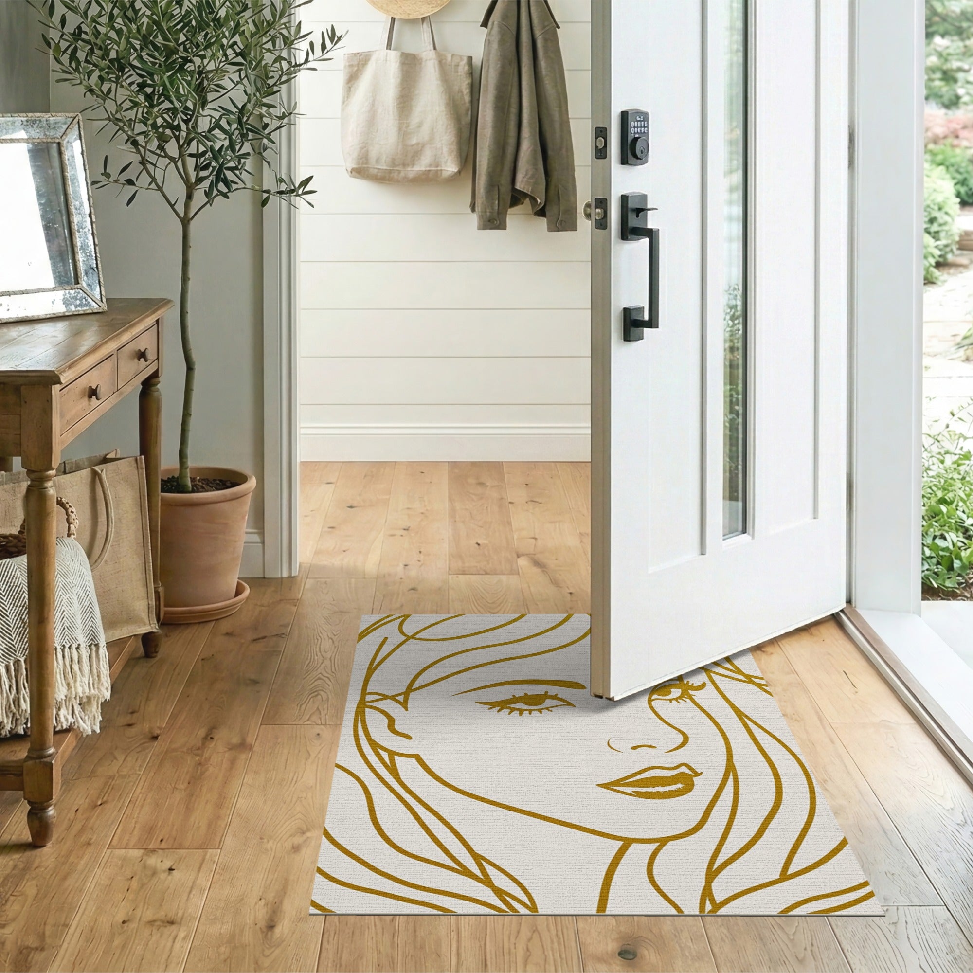 Golden Line Art Woman Portrait Area Rug
