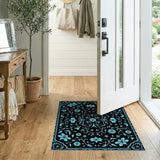 Teal Floral Vintage Area Rug on Black