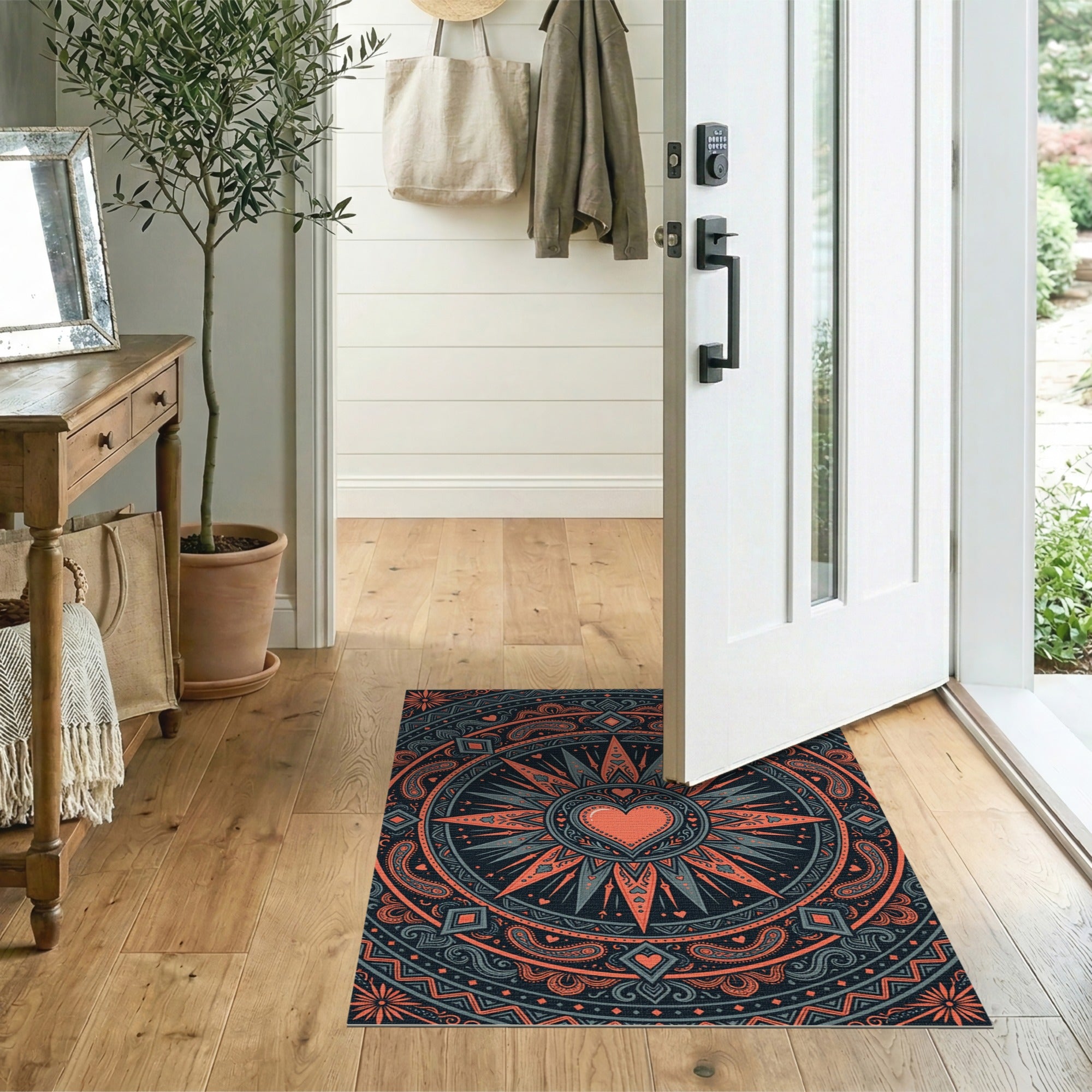 Coral Heart Mandala Boho Area Rug