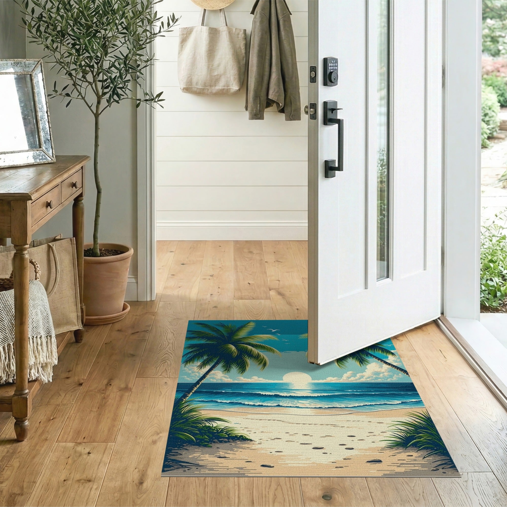 ODIKA Tropical Beach Sunset Washable Rug - Low Pile Non-Slip Coastal Area Rug