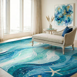 Blue Teal Ocean Waves Starfish Area Rug