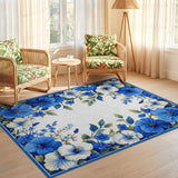 ODIKA Blue Floral Washable Area Rug - Low Pile Non-Slip Botanical Print Carpet