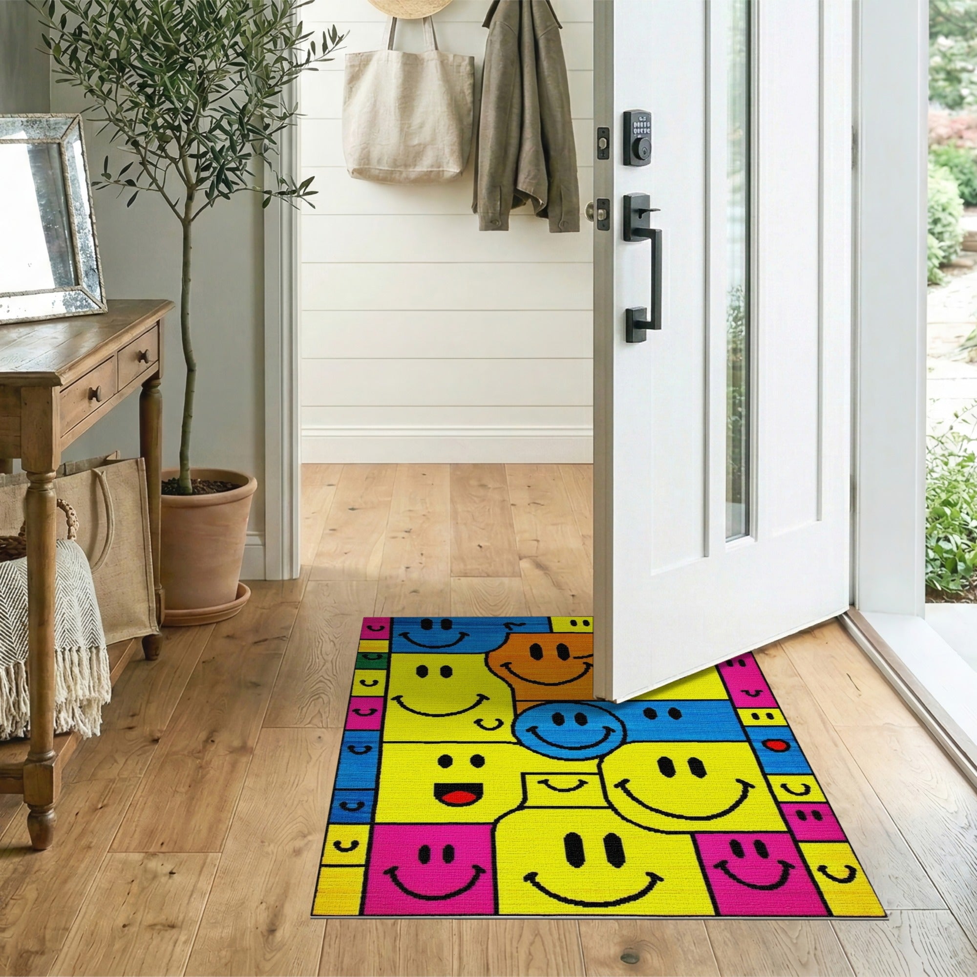 ODIKA Retro Smiley Face Washable Area Rug - Low Pile Non-Slip Colorful Pop Art Decor