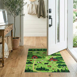 Lush Green Farm Pasture Rug with Cows Barns