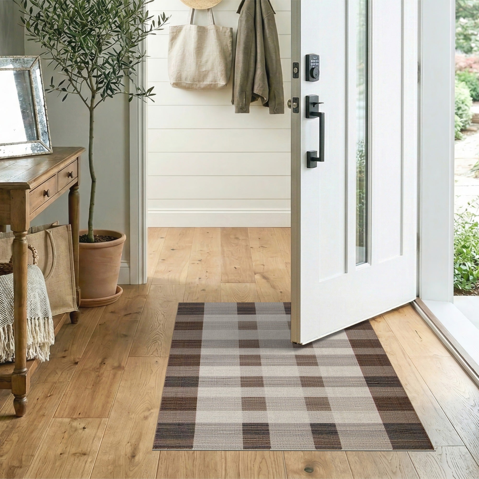 Rustic Farmhouse Brown Tan Woven Plaid Area Rug
