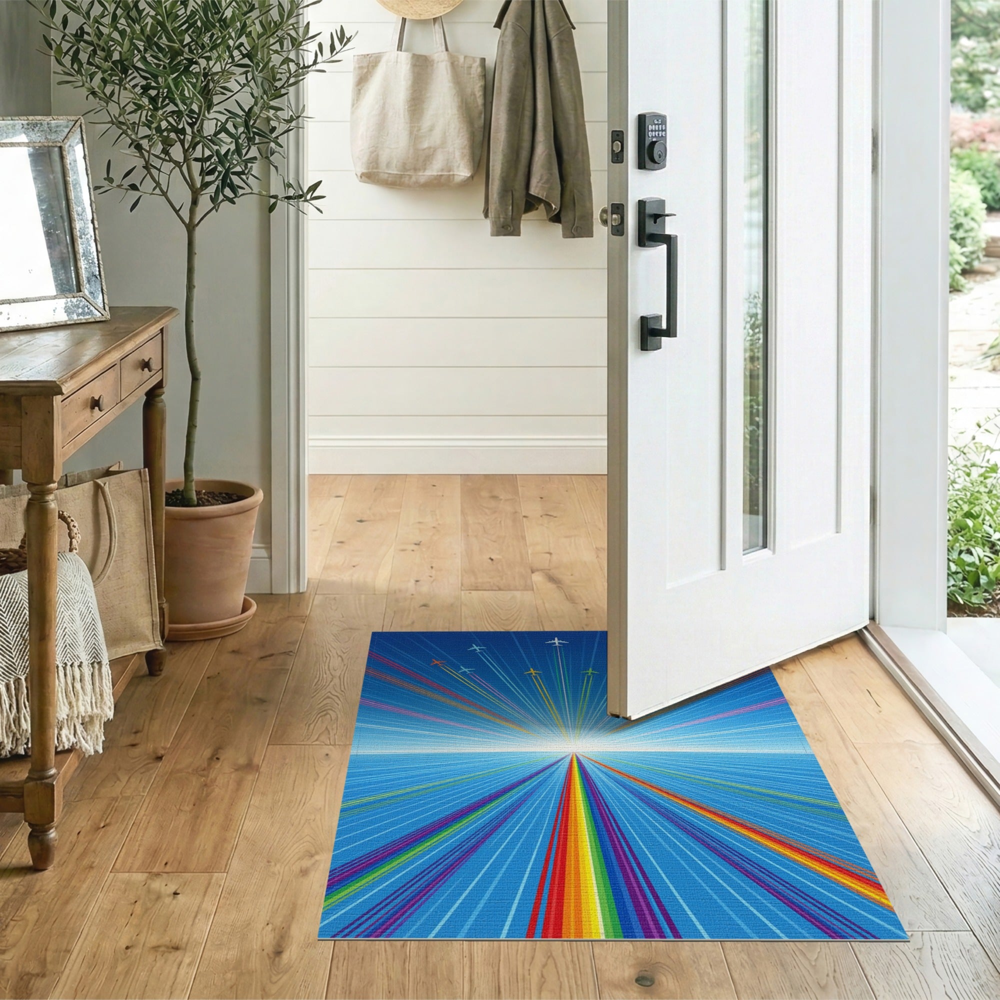 Rainbow Airplane Burst Washable Area Rug