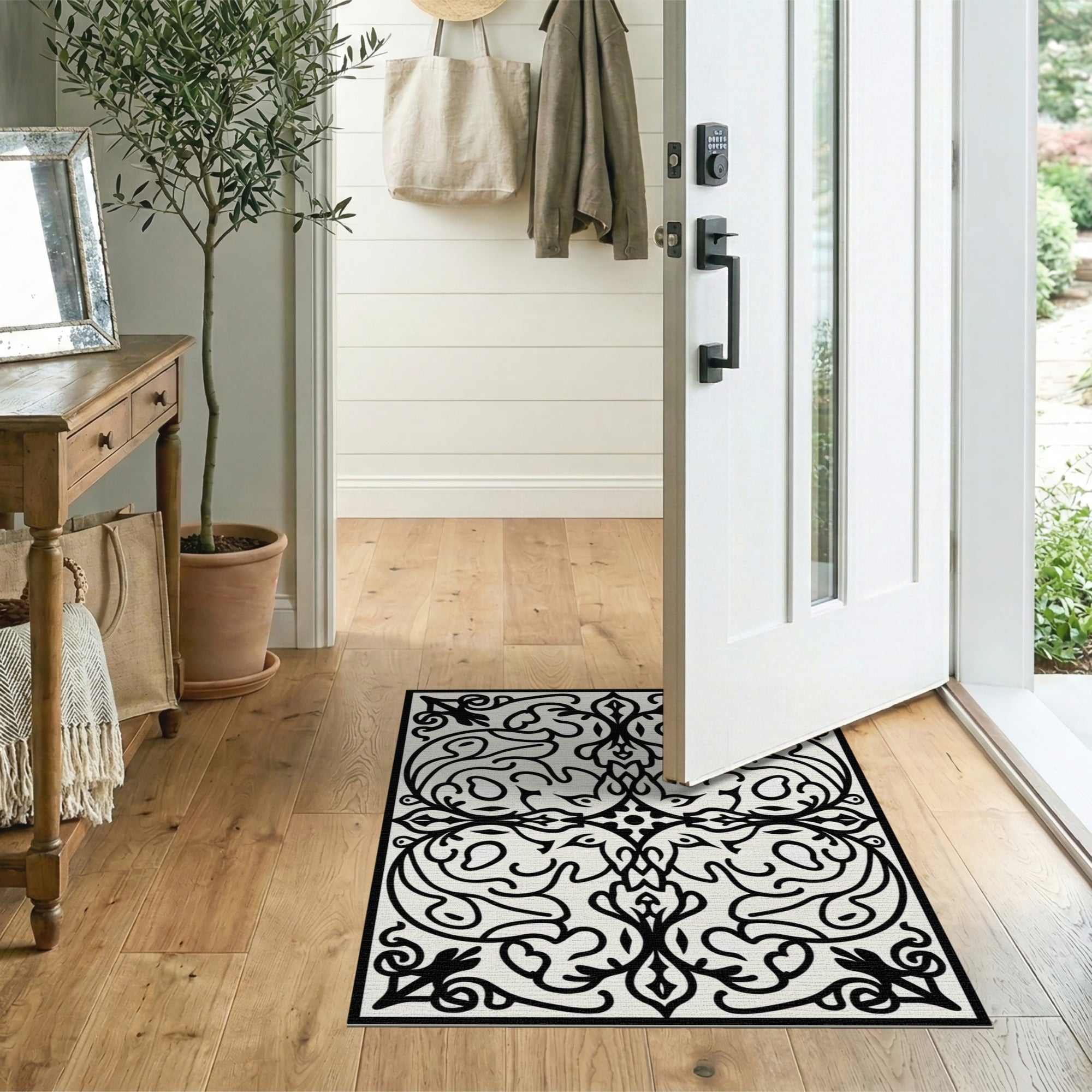 ODIKA Black and White Damask Washable Area Rug - Non-Slip Low Pile Decor
