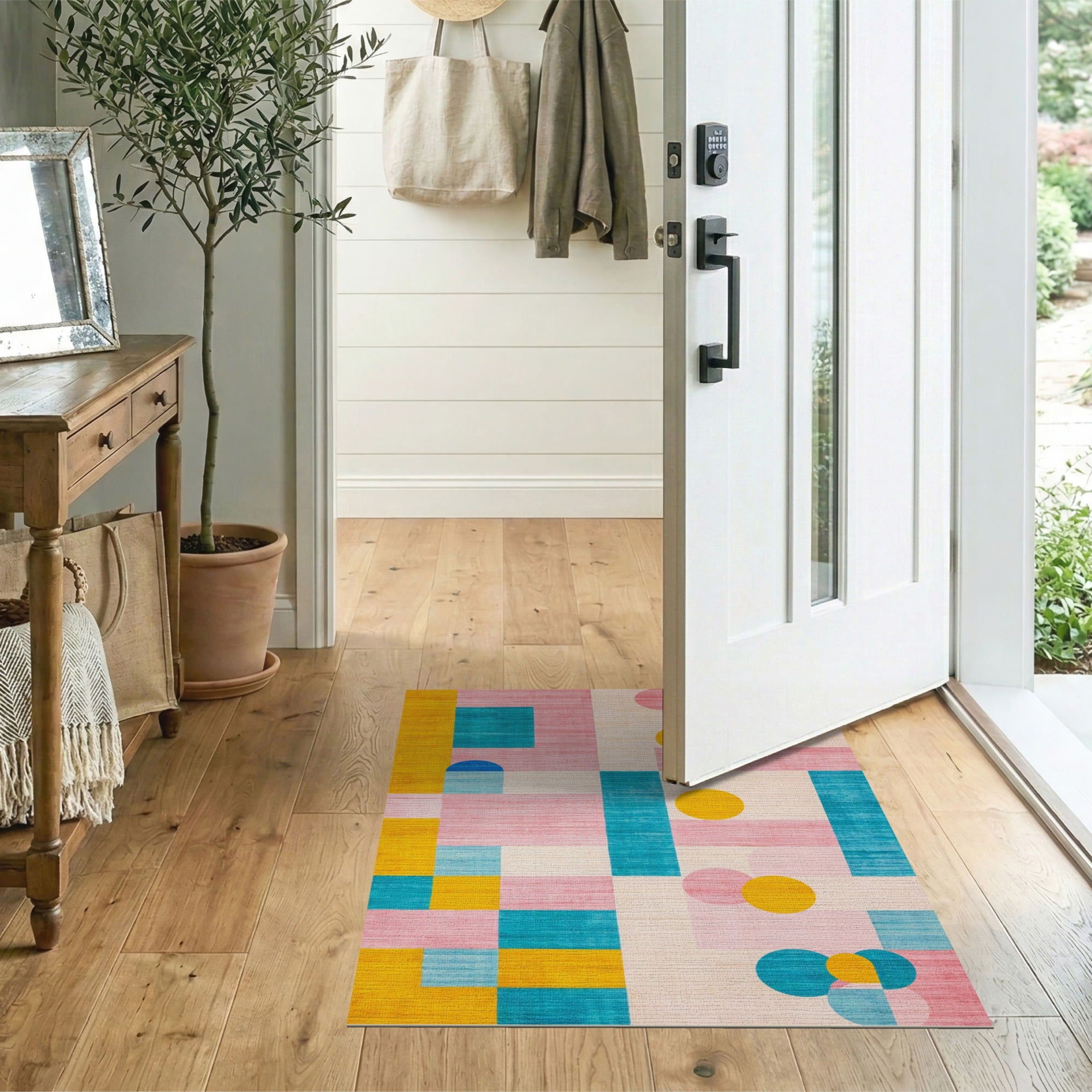 ODIKA Washable Abstract Geometric Area Rug - Colorful Modern Low Pile Non-Slip Art Rug