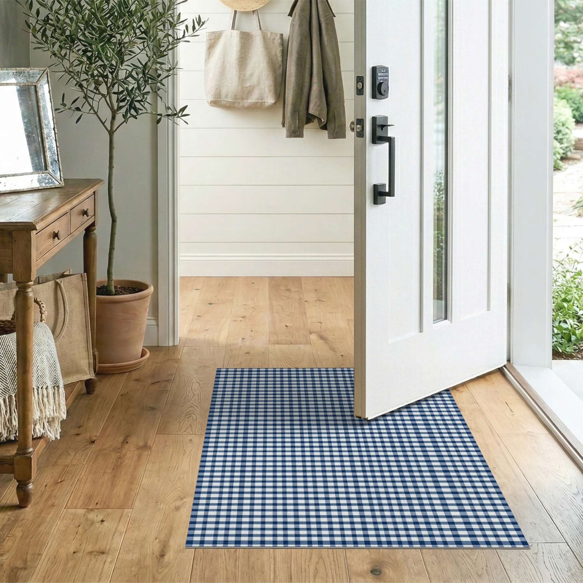 ODIKA Washable Blue Gingham Checkered Rug - Non-Slip Low Pile Area Rug