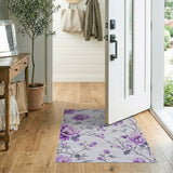 Vintage Purple Floral Washable Area Rug, Low Pile Non-Slip
