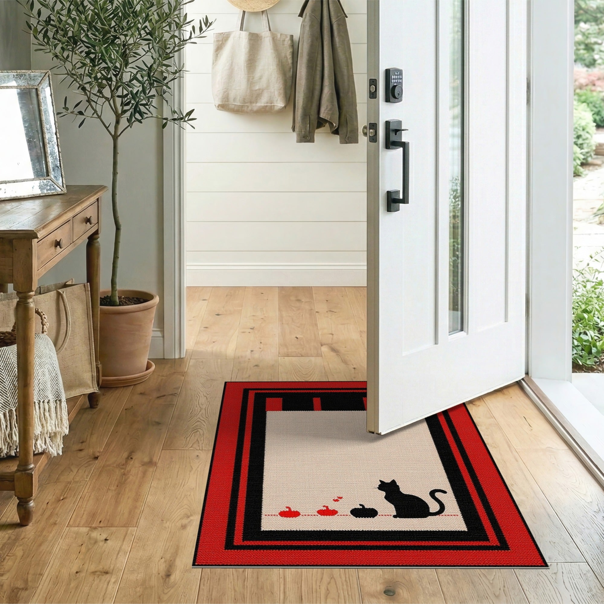 Red Framed Black Cat Pumpkin Silhouette Rug