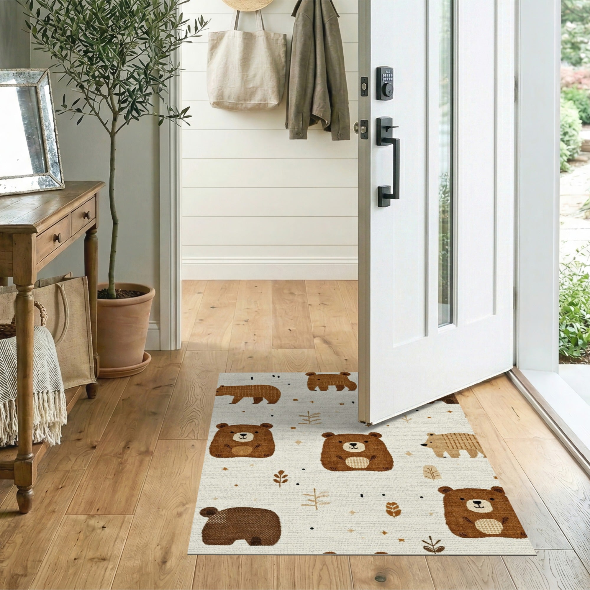 Beige and Neutral Adorable Brown Bear Kids Area Rug