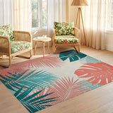 ODIKA Washable Tropical Monstera Palm Leaf Area Rug - Teal & Coral Low Pile Non-Slip