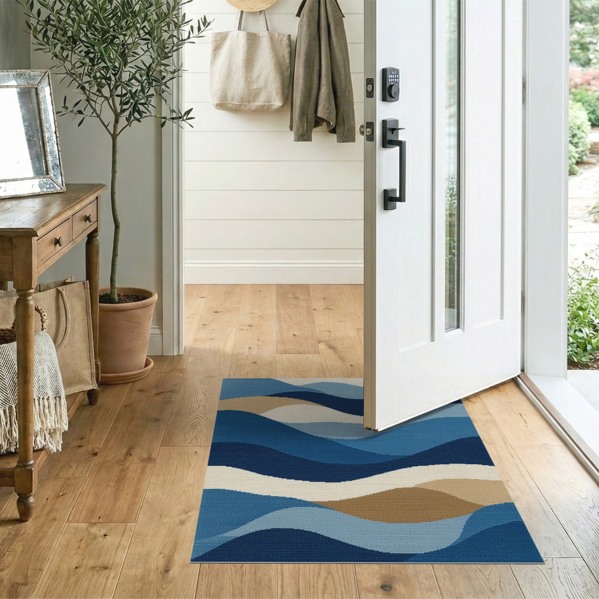 Abstract Area Blue and Teal Layered Blue Wave Abstract Area Rug