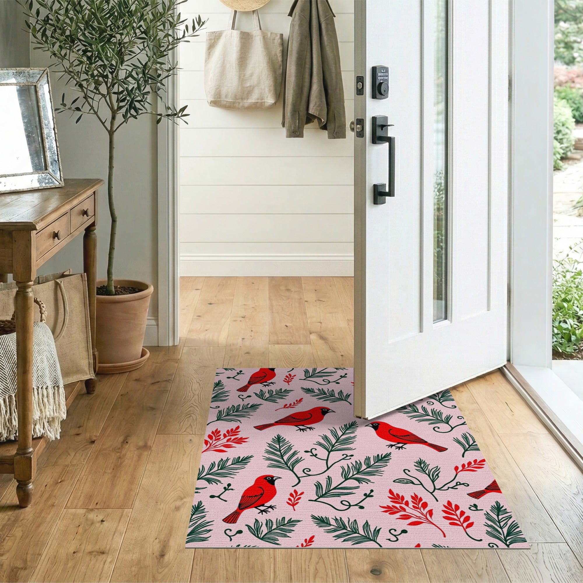 ODIKA Red Cardinal & Evergreen Washable Area Rug - Low Pile, Non-Slip & Pet Friendly
