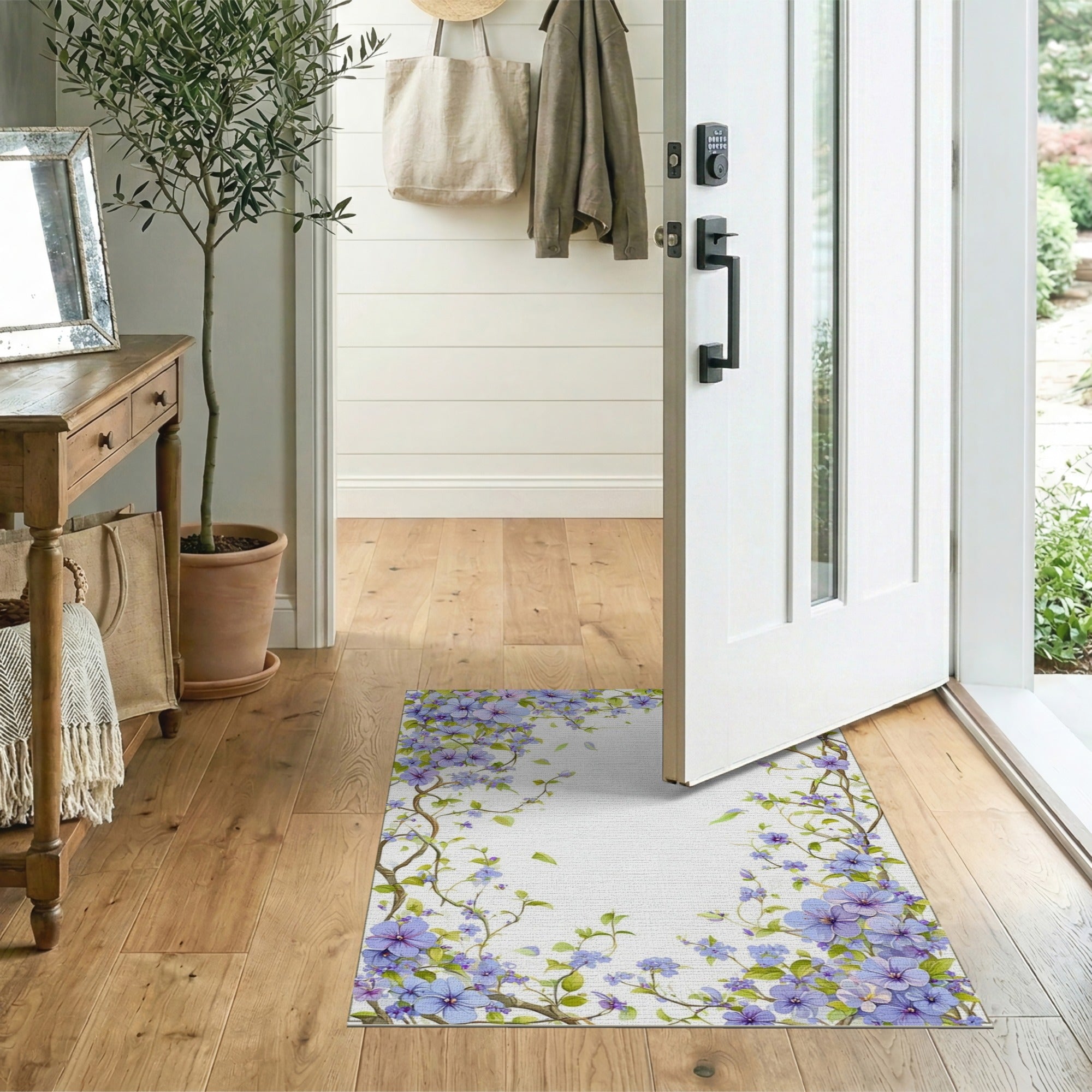 ODIKA Washable Purple Floral Area Rug - Low Pile Non-Slip Botanical Garden Rug