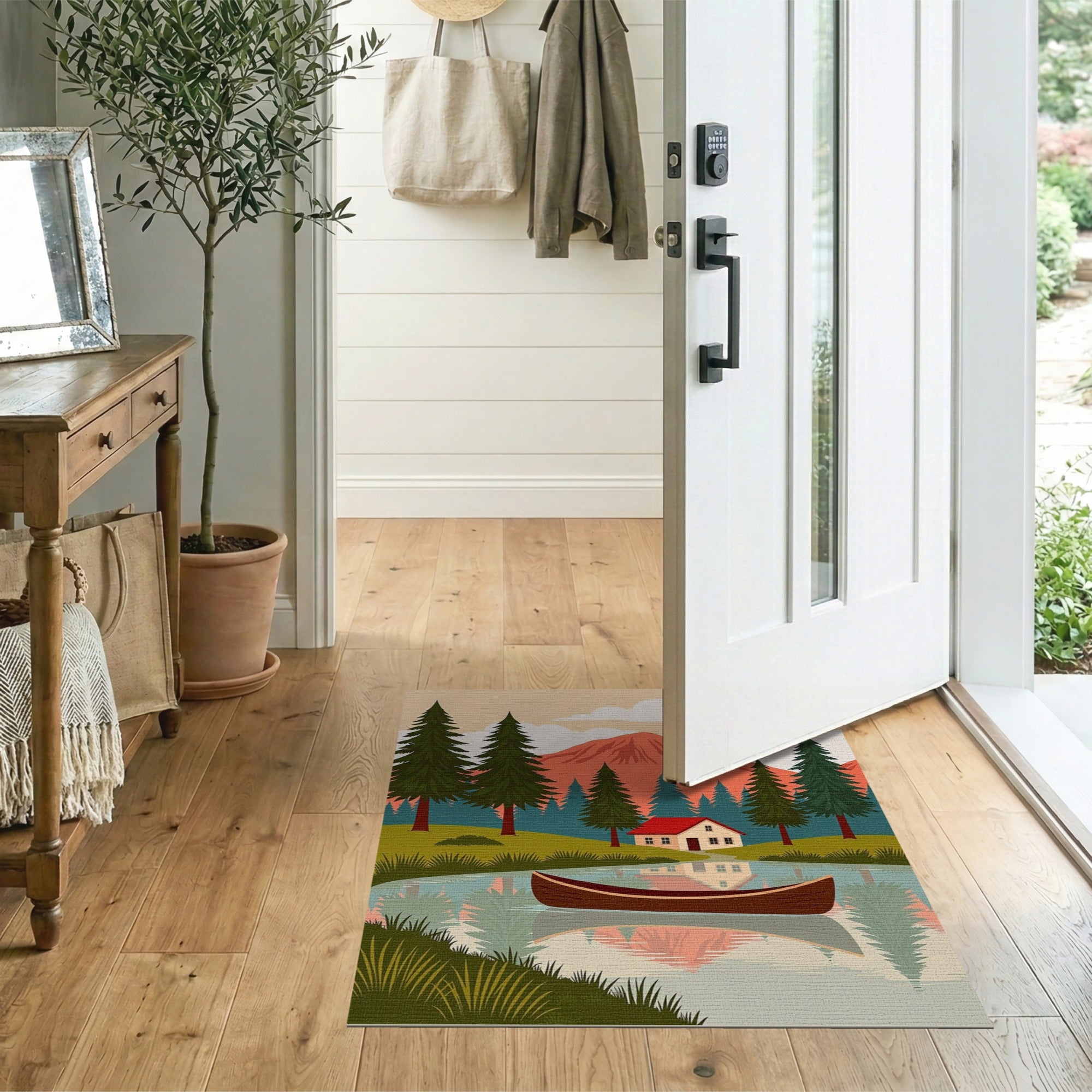 Serene Mountain Lake Cabin Canoe Area Rug