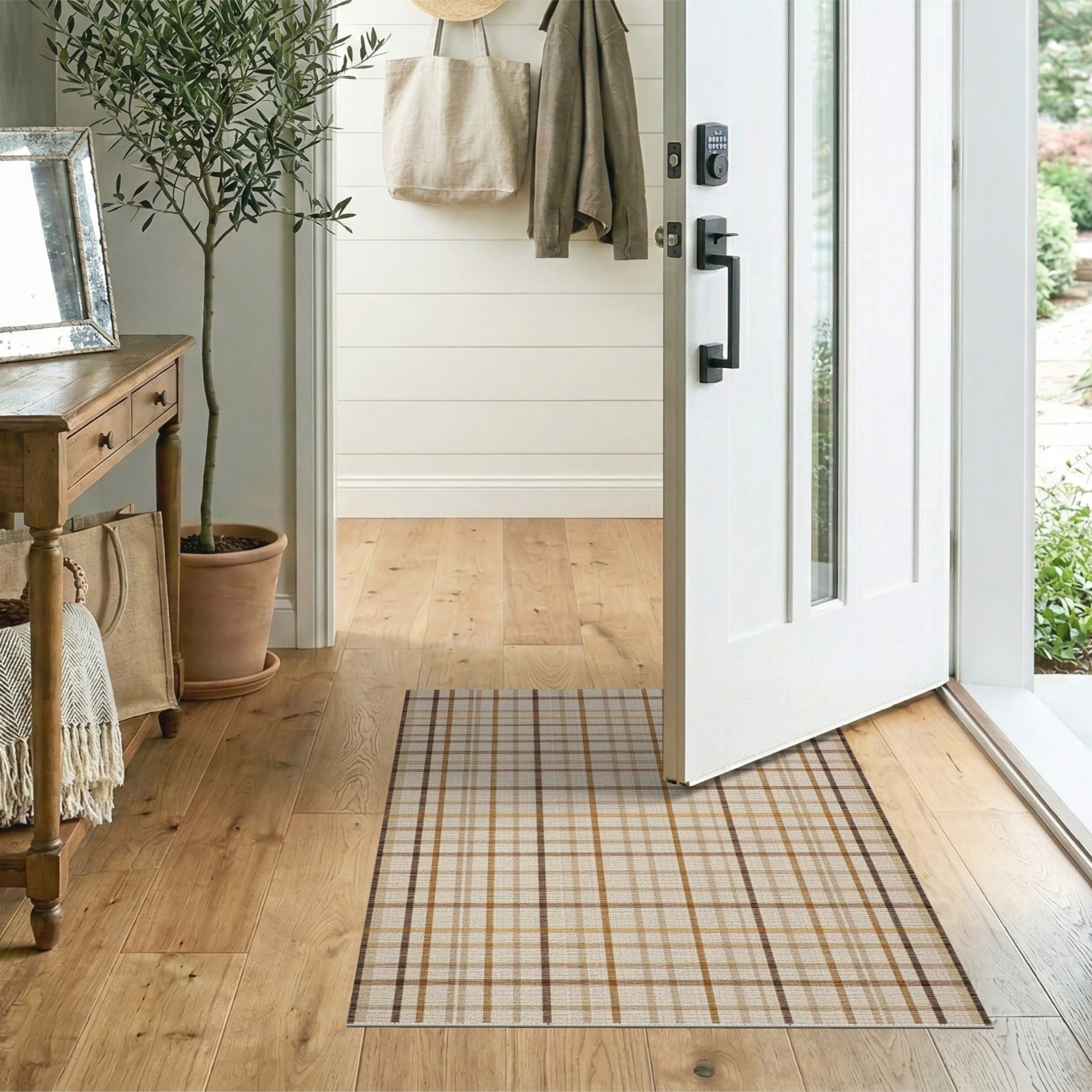 Brown and Tan Rustic Brown Tan Plaid Woven Area Rug