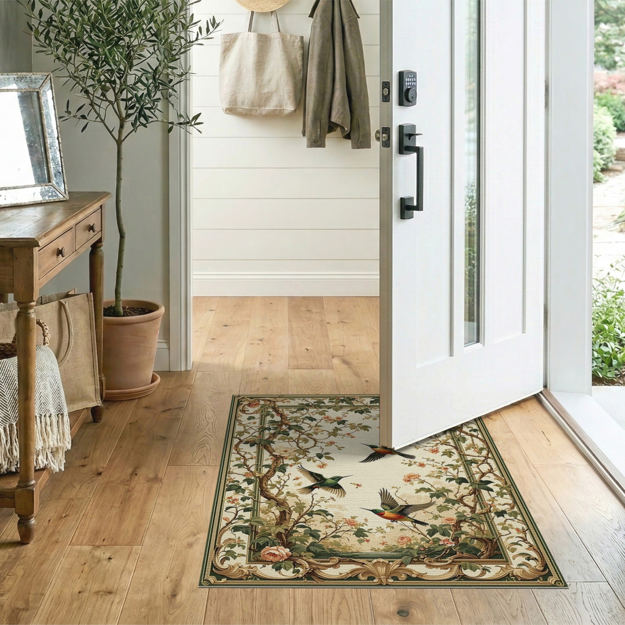 ODIKA Vintage Hummingbird Floral Washable Rug, Low Pile Non-Slip Sage Green Area Rug