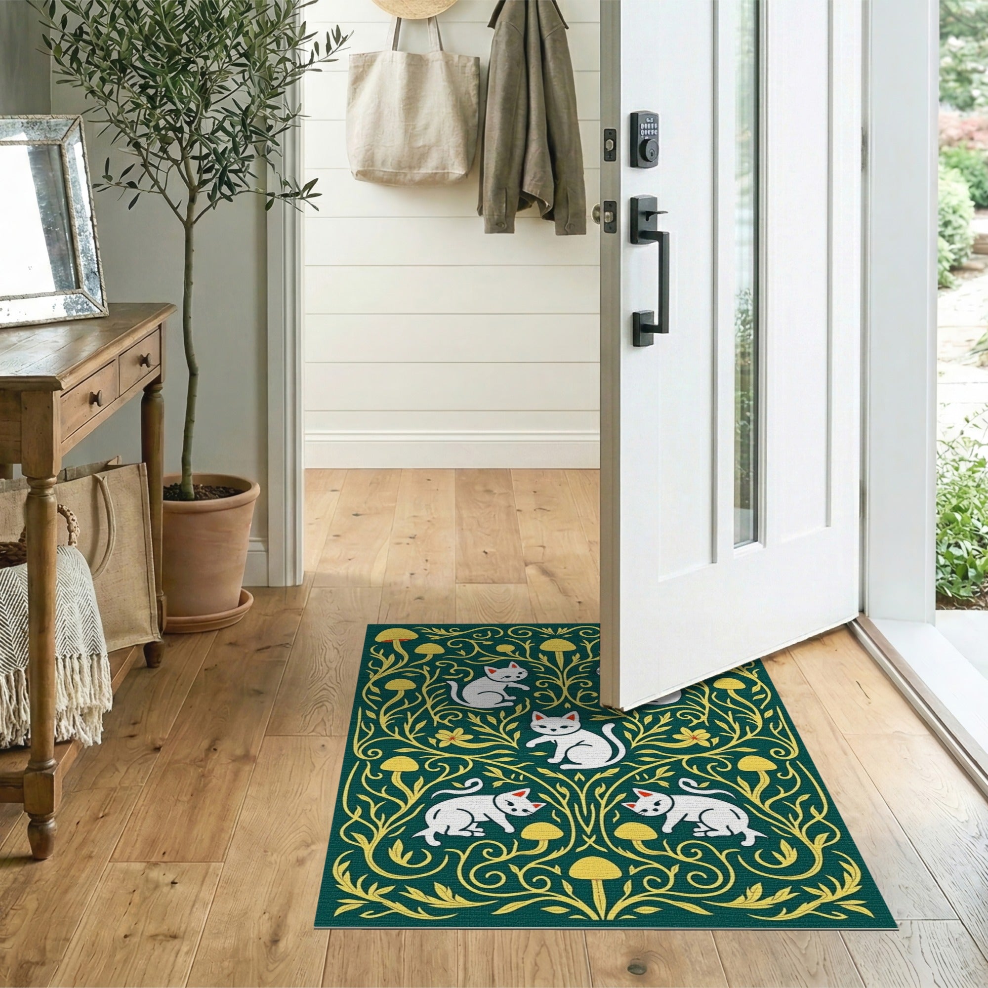 Whimsical White Cats Golden Mushrooms Green Rug