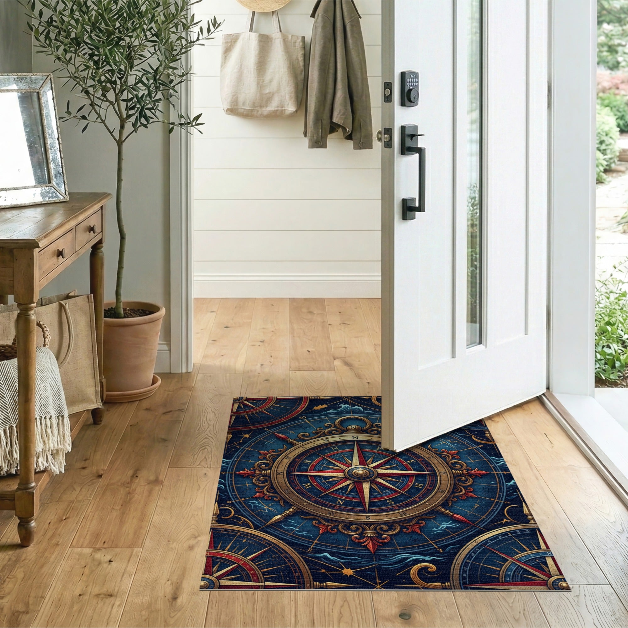 Blue and Teal Ornate Nautical Compass Rose Area Rug