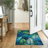 Blue Teal Palm Leaf Washable Area Rug