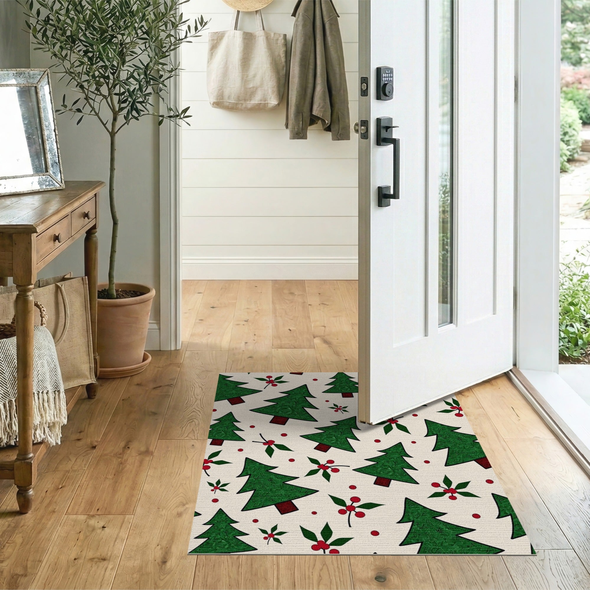 Festive Green Christmas Trees Holly Berries Area Rug