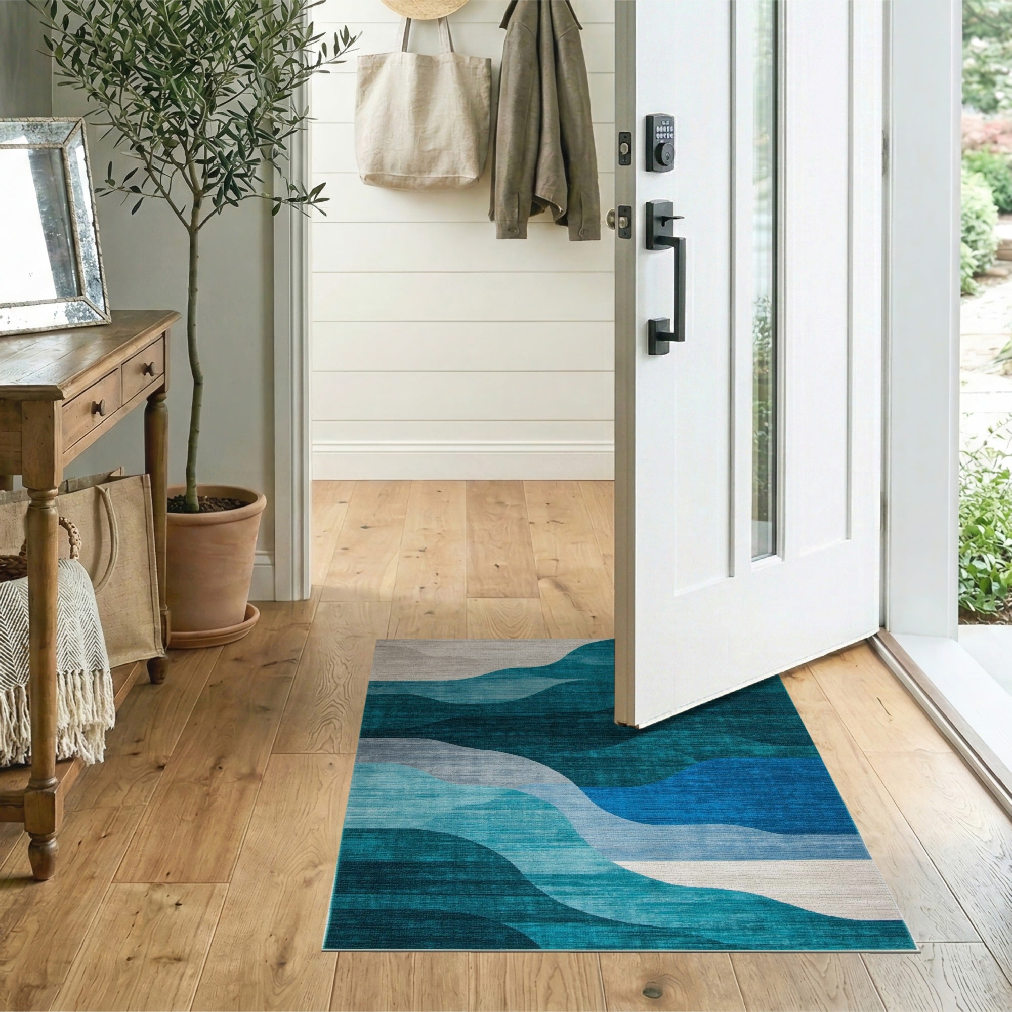 Layered Teal Wave Area Rug