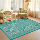 ODIKA Teal & White Coral Pattern Washable Area Rug - Low Pile Non-Slip Rug