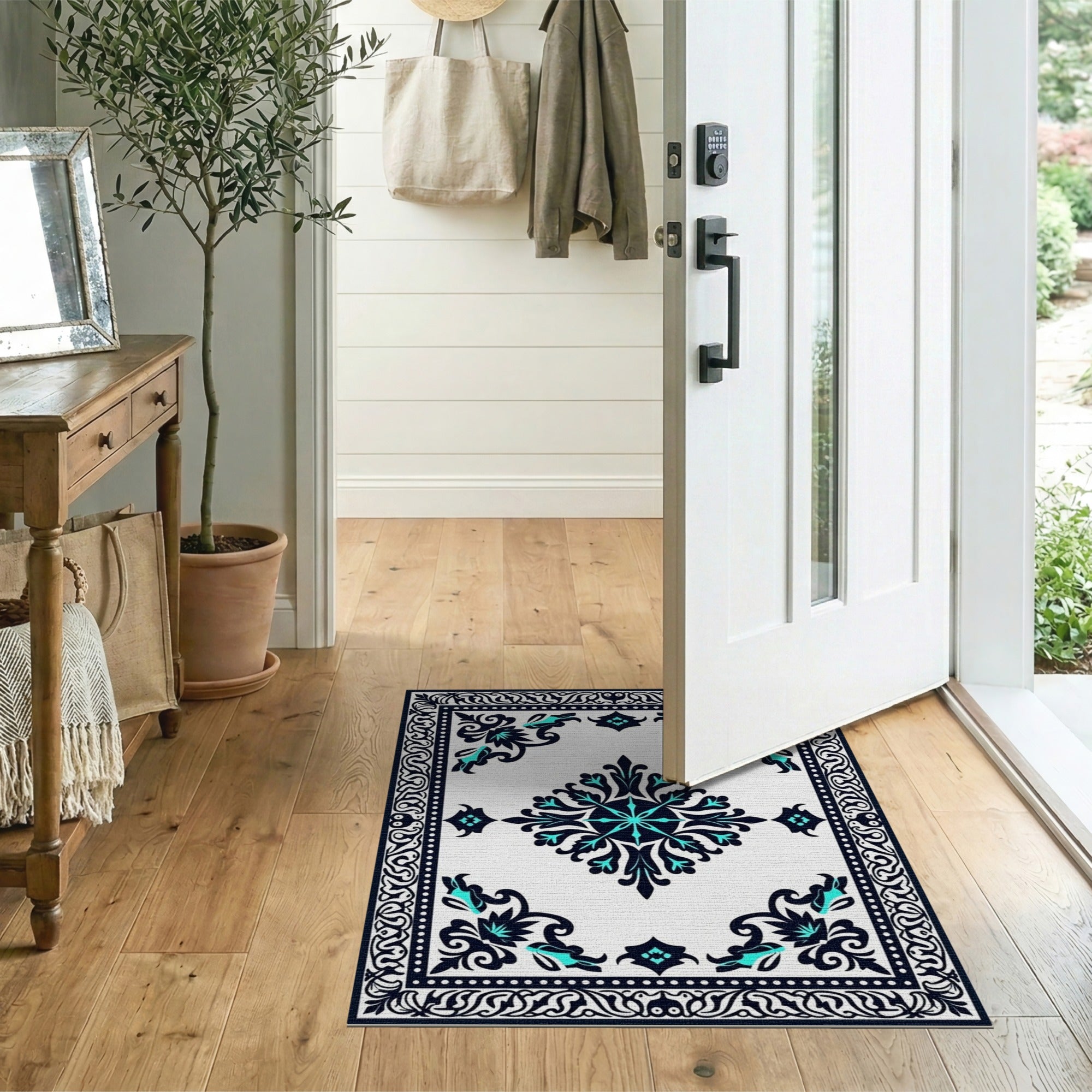 Ornate Teal Accent Black Floral Area Rug