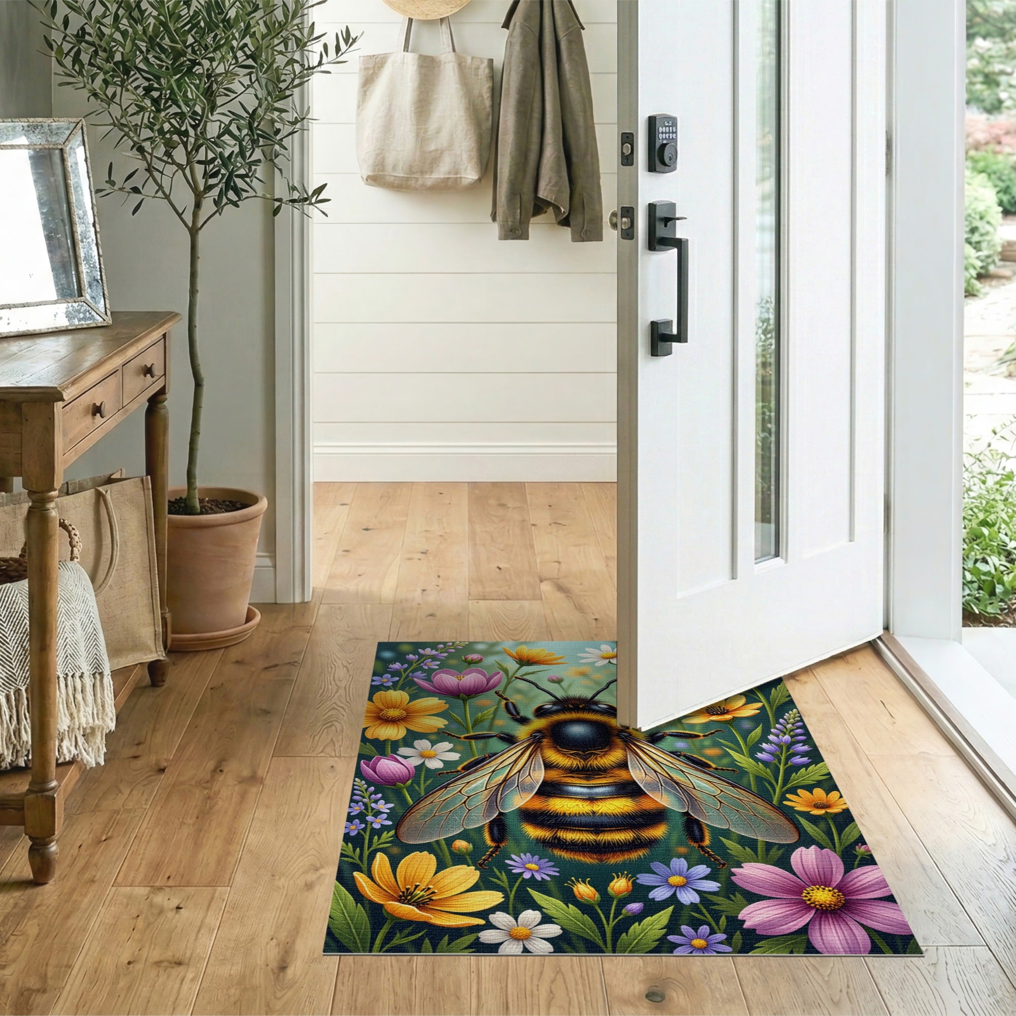 ODIKA Whimsical Bumblebee & Floral Garden Washable Area Rug - Low Pile Non-Slip