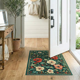 Emerald Green Red Poppy Floral Area Rug