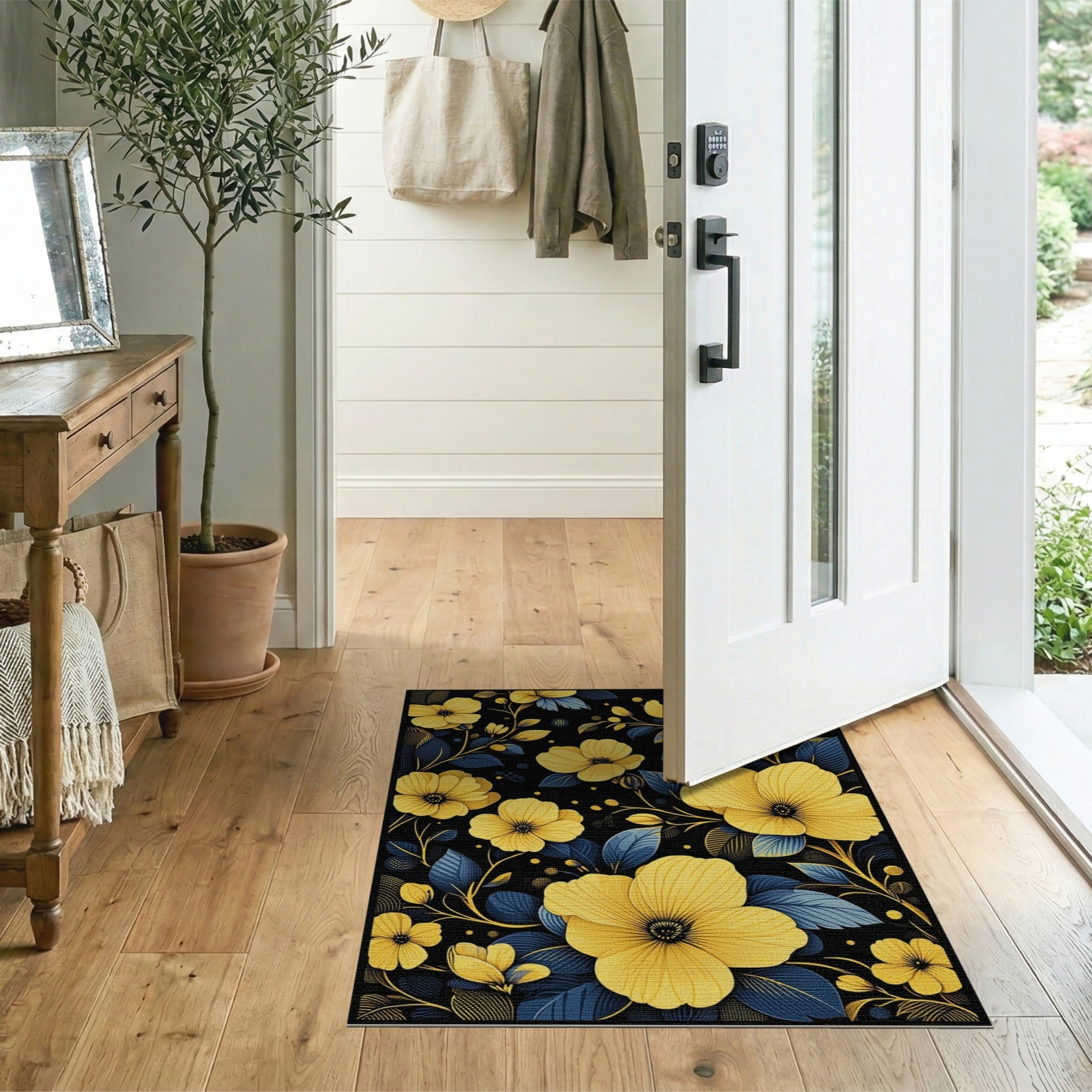 Vivid Yellow Blooms Blue Leaves Black Rug
