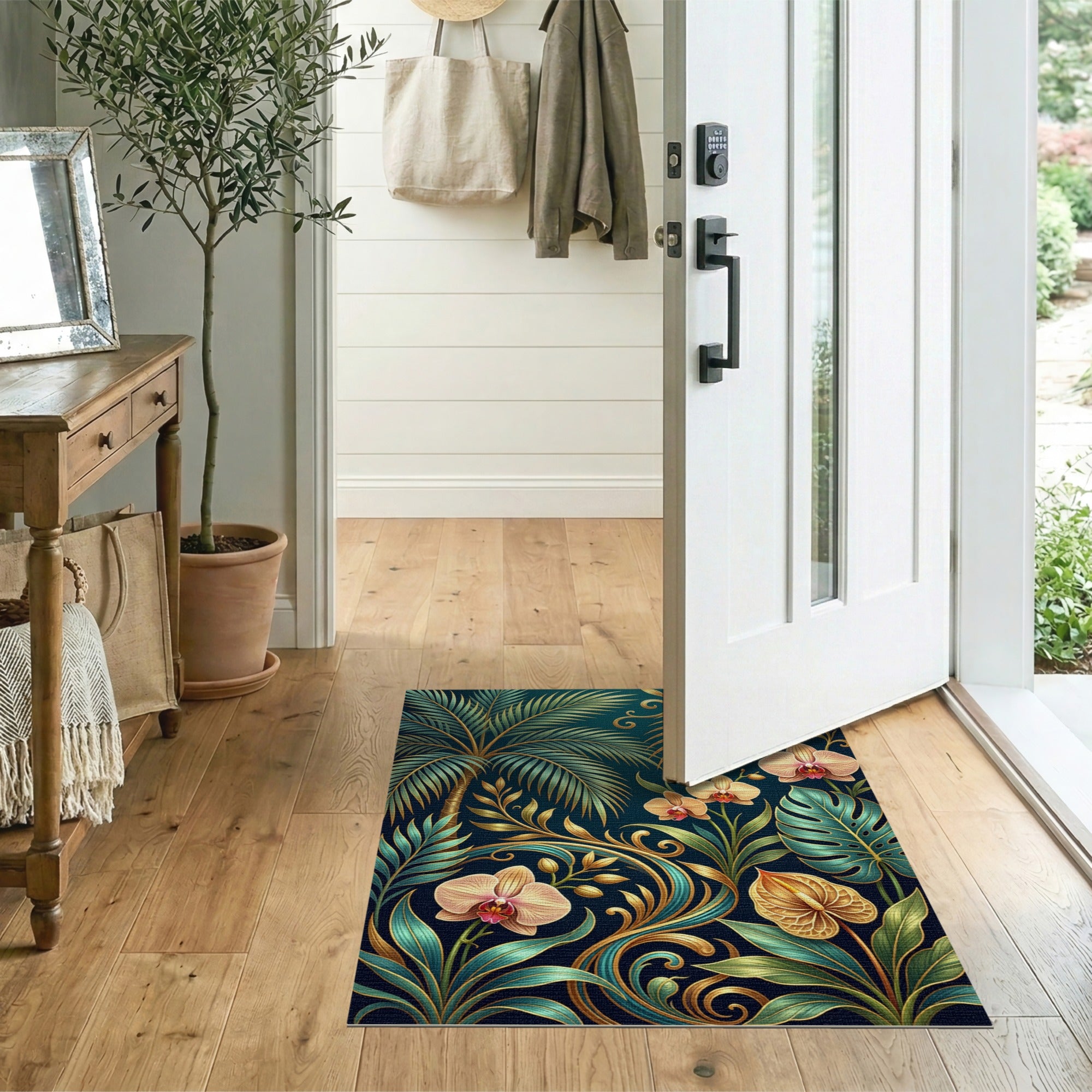 Teal Gold Tropical Palm Orchid Area Rug