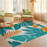 ODIKA Washable Tropical Palm Leaf & Hibiscus Area Rug - Teal & Orange Non-Slip Low Pile