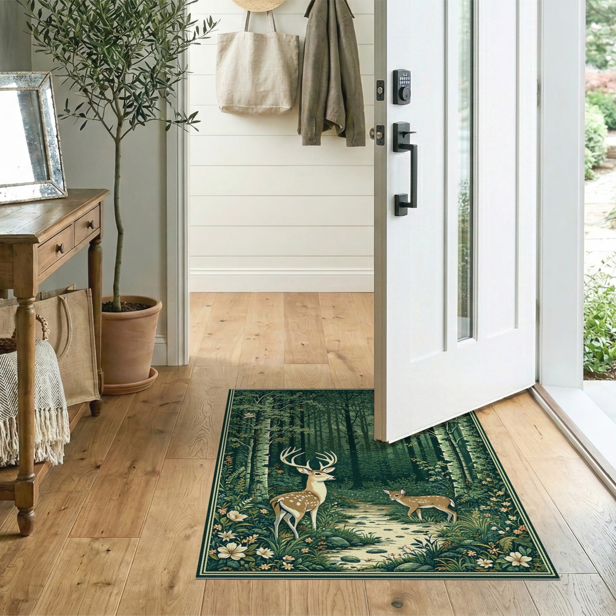 Enchanted Green Forest Stag and Fawn Rug