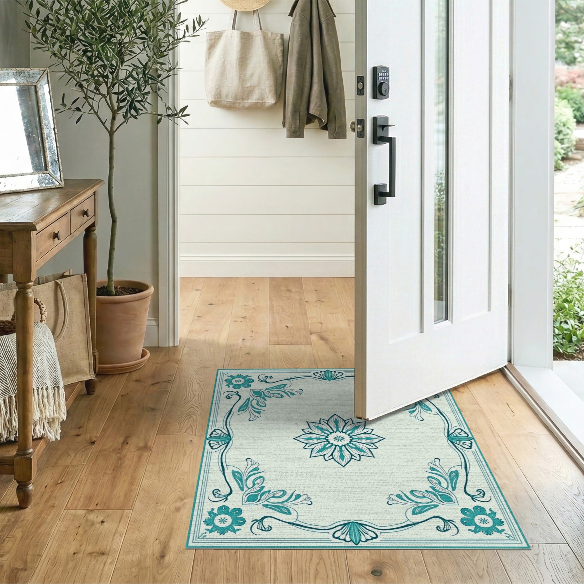 Blue and Teal Teal Floral Mandala Vintage Area Rug