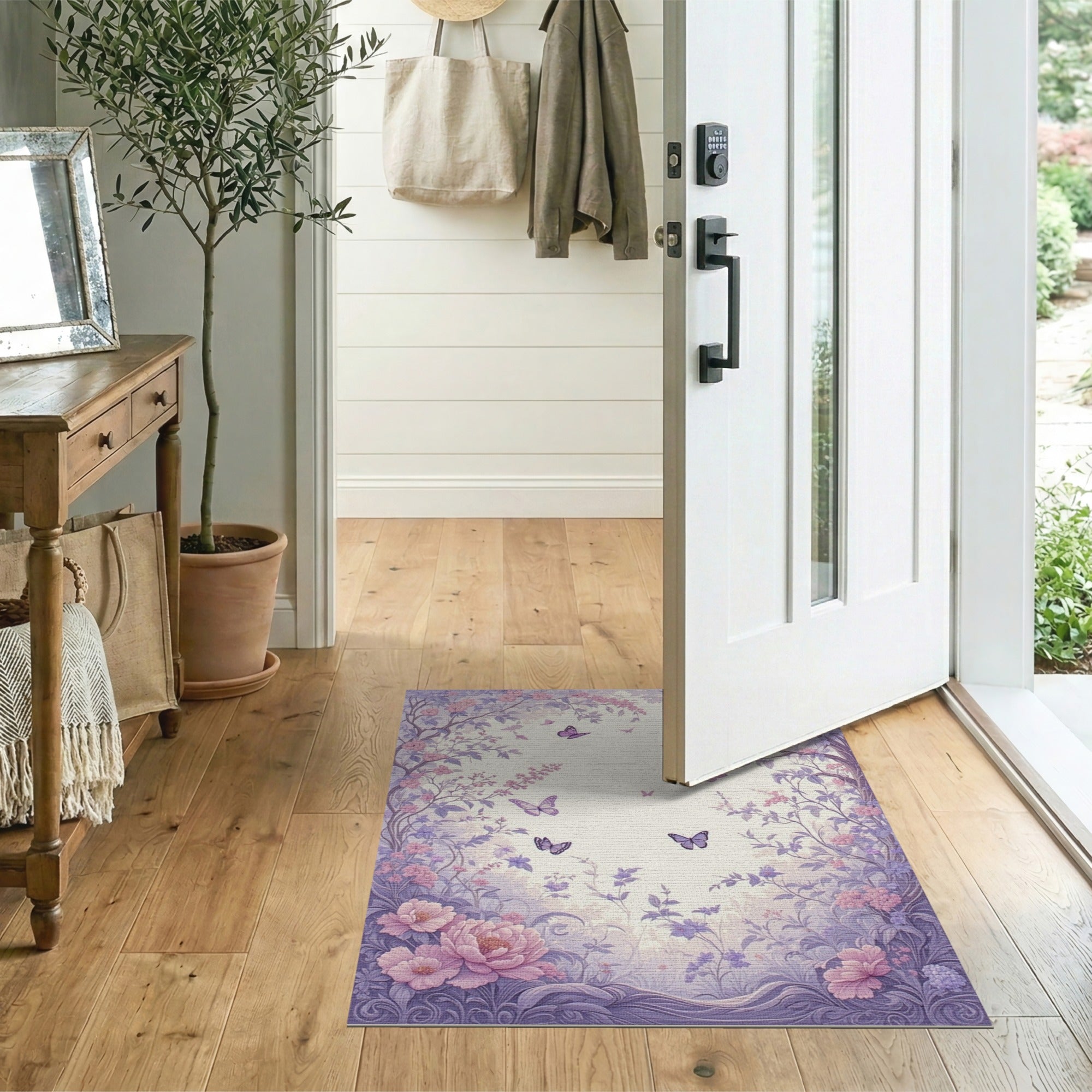 ODIKA Washable Whimsical Lavender Floral Butterfly Area Rug, Non-Slip Low Pile