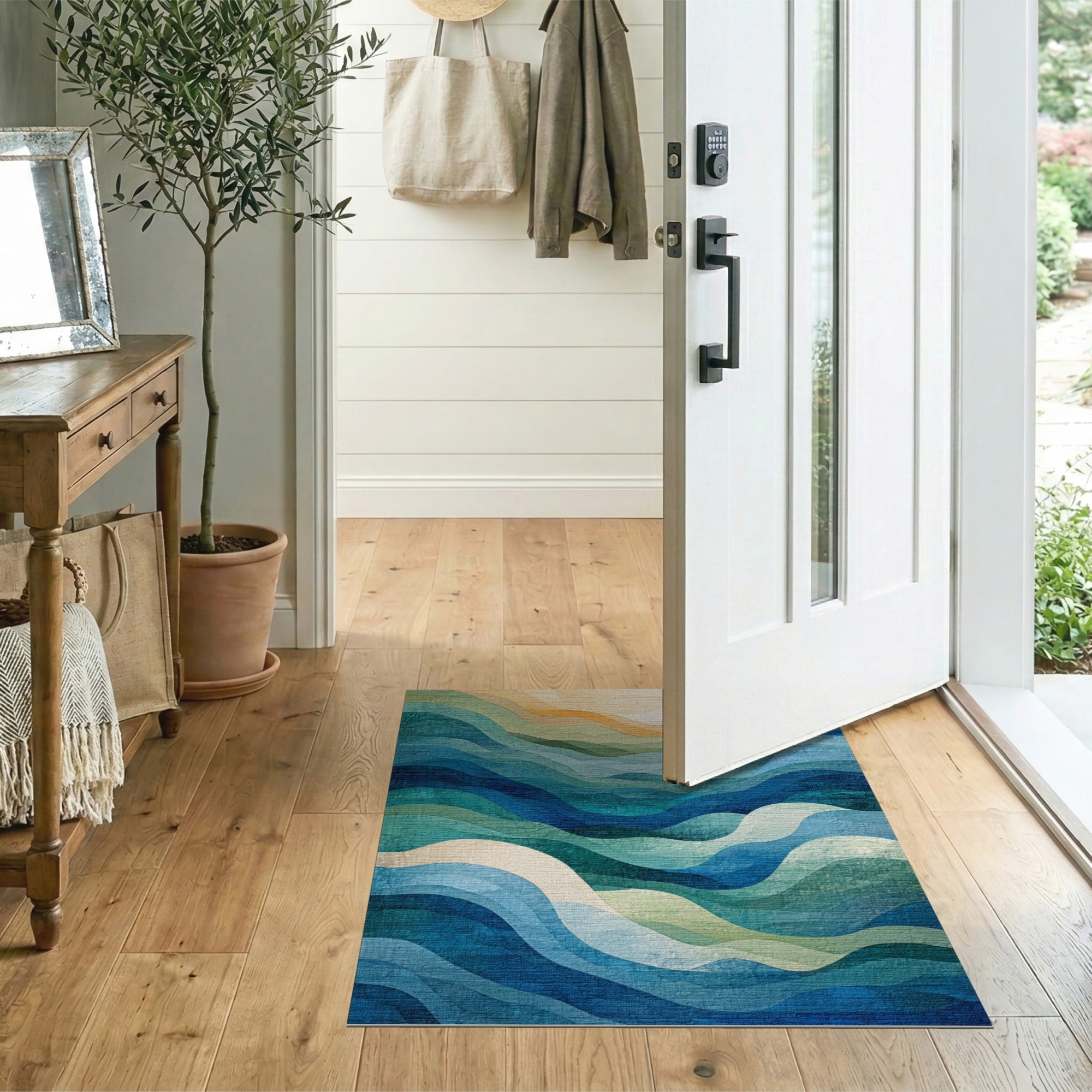 Blue and Teal Layered Teal Blue Ocean Waves Area Rug