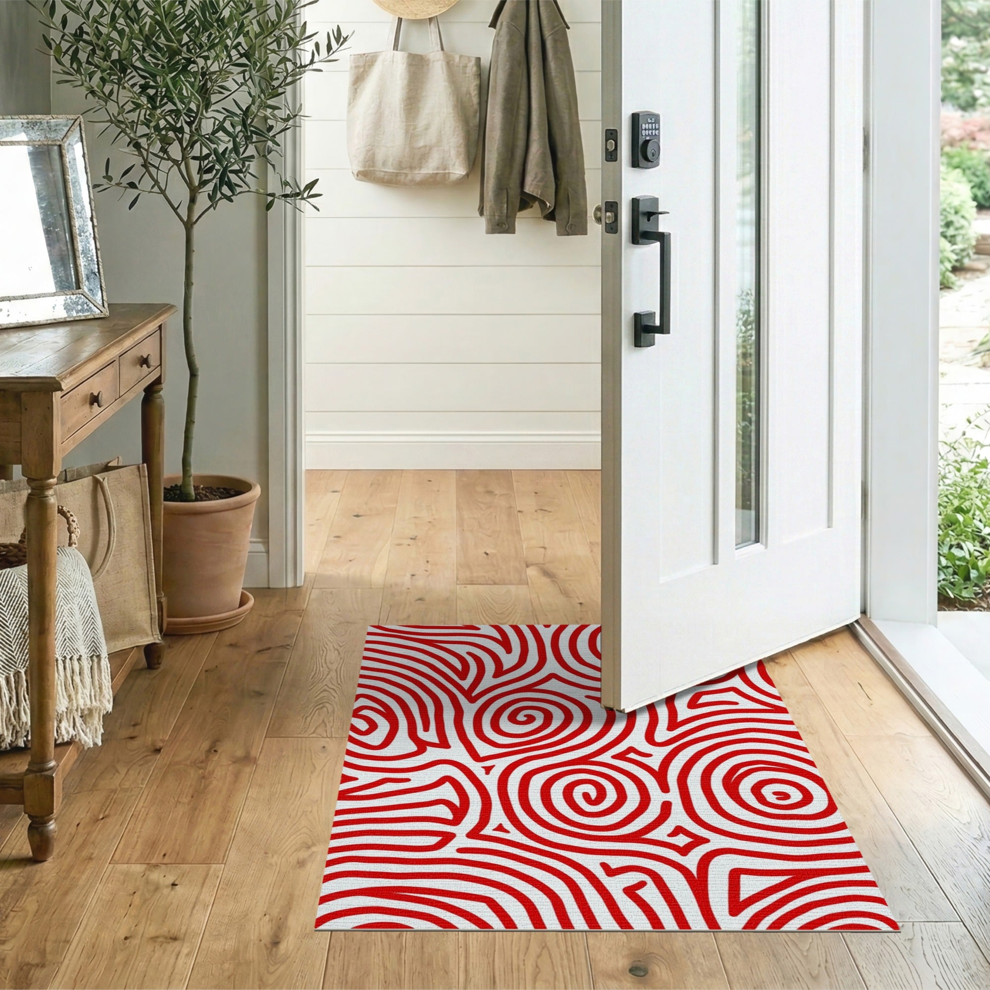 ODIKA Red Abstract Swirl Machine Washable Area Rug - Low Pile & Non-Slip