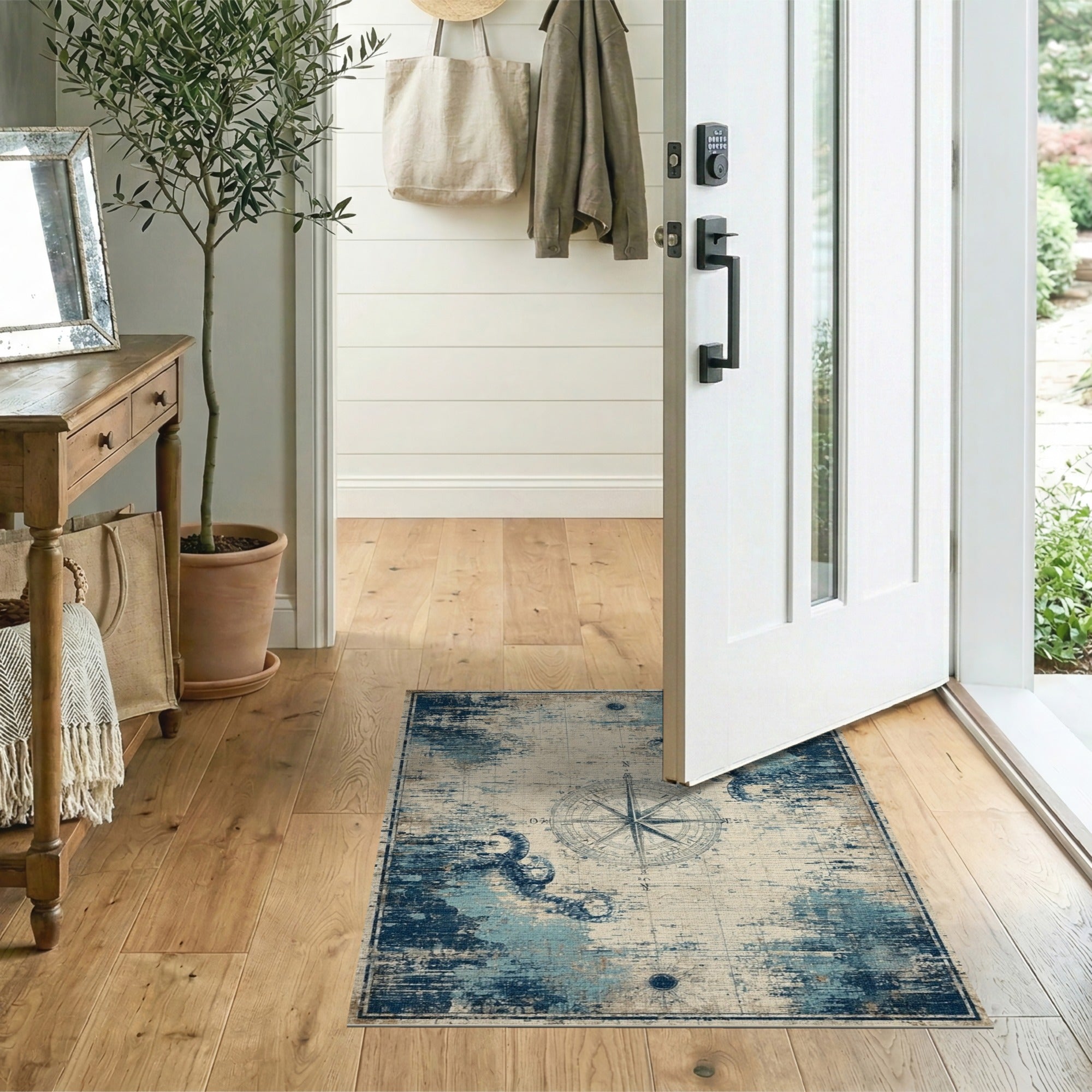 Washable Vintage Nautical Compass Area Rug, Distressed Navy Blue Low Pile Non-Slip Rug