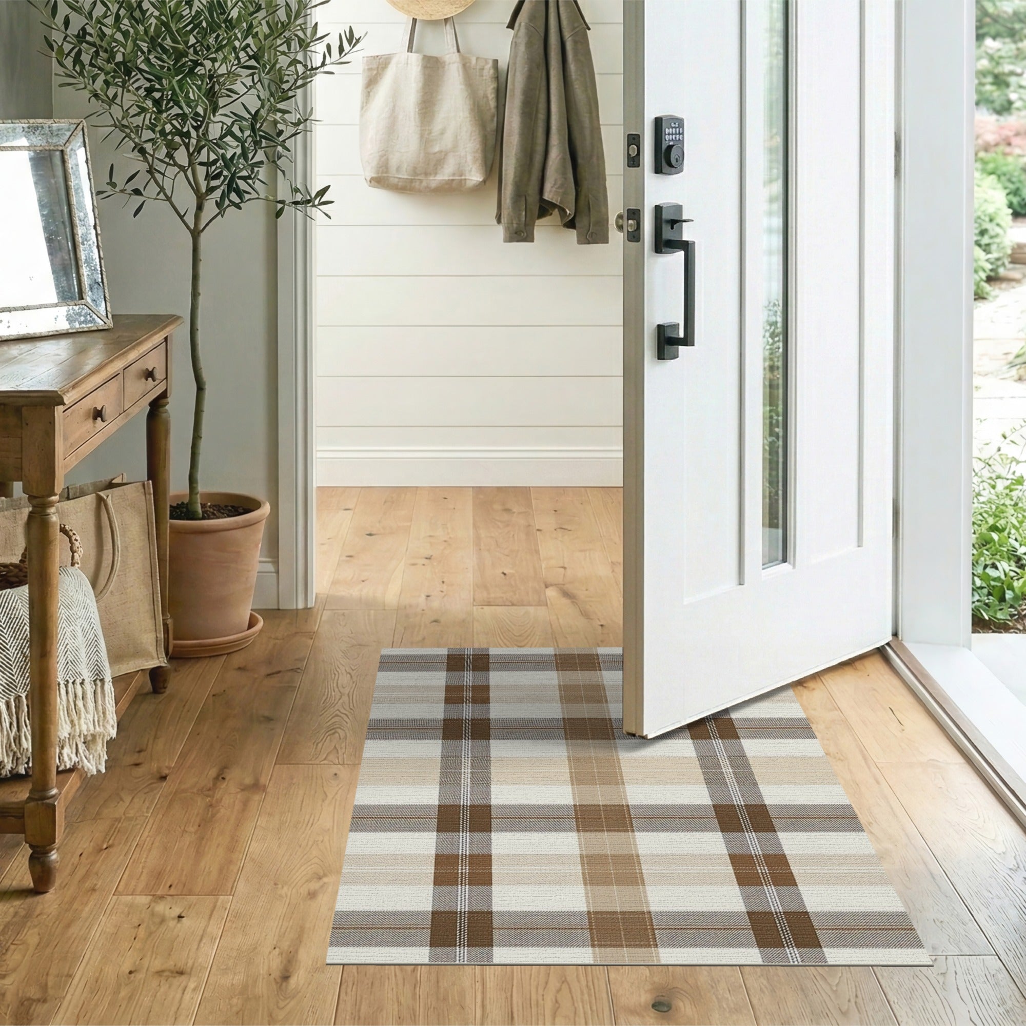 Rustic Farmhouse Plaid Brown Tan Plaid Check Area Rug