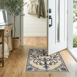 Elegant Navy Floral Vine Beige Area Rug