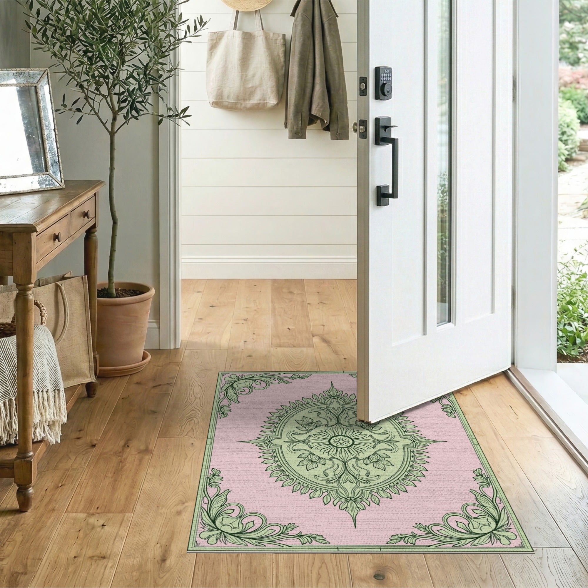 Pink Green Floral Vintage Medallion Rug