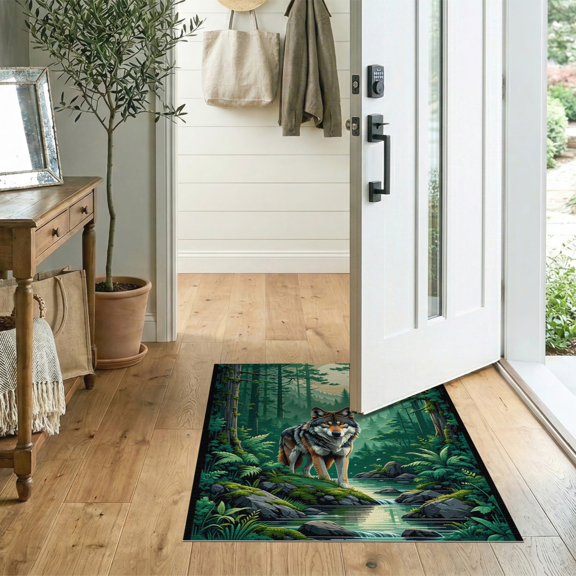 Rustic Farmhouse Moonlit Forest Wolf Area Rug