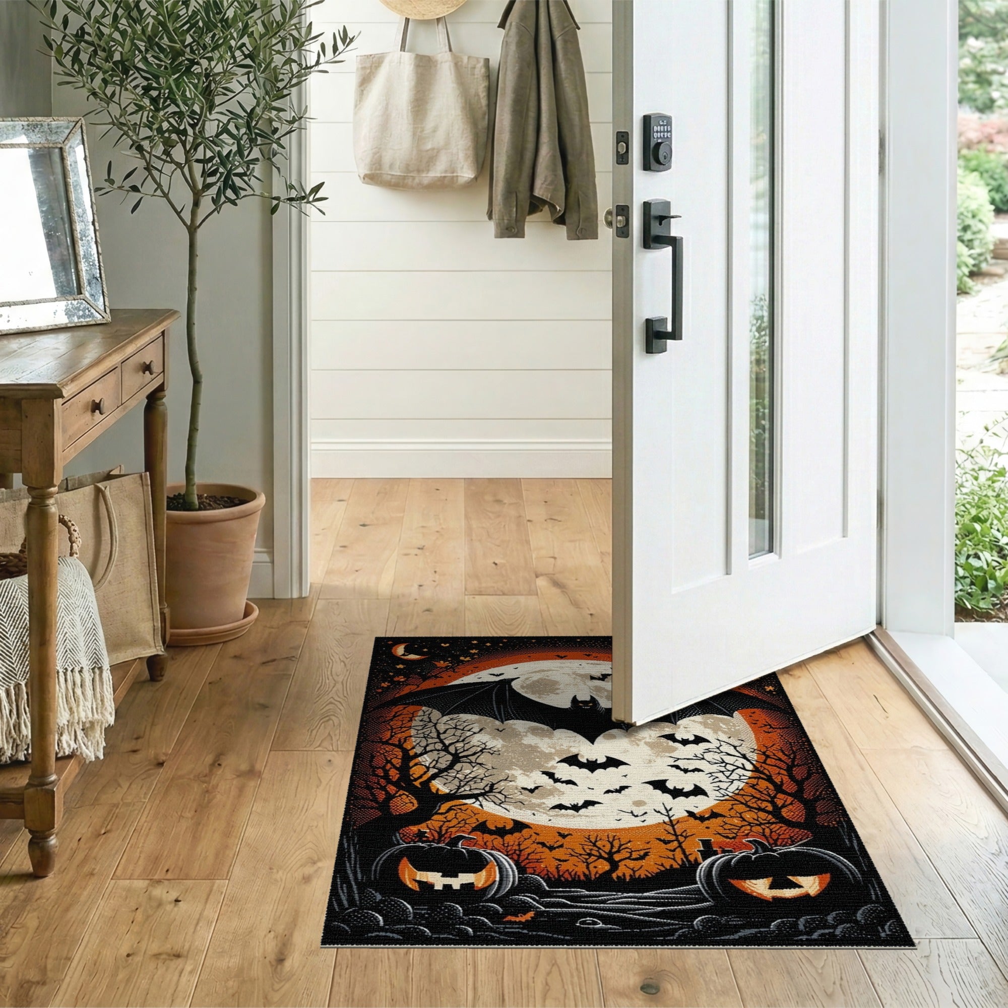 Spooky Bat Moon Halloween Pumpkin Rug
