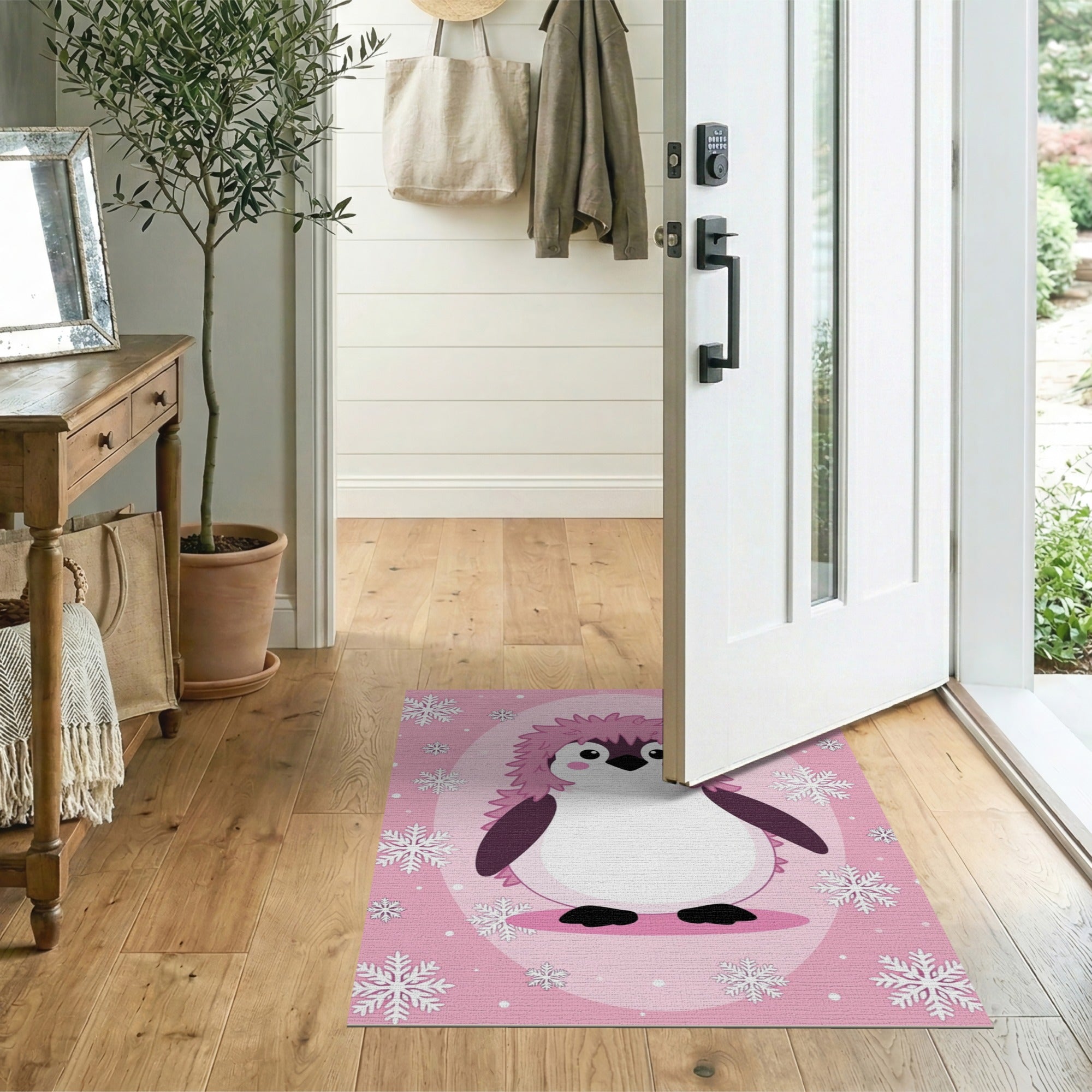 ODIKA Pink Penguin Washable Kids Rug, Low Pile Non-Slip Nursery Area Carpet