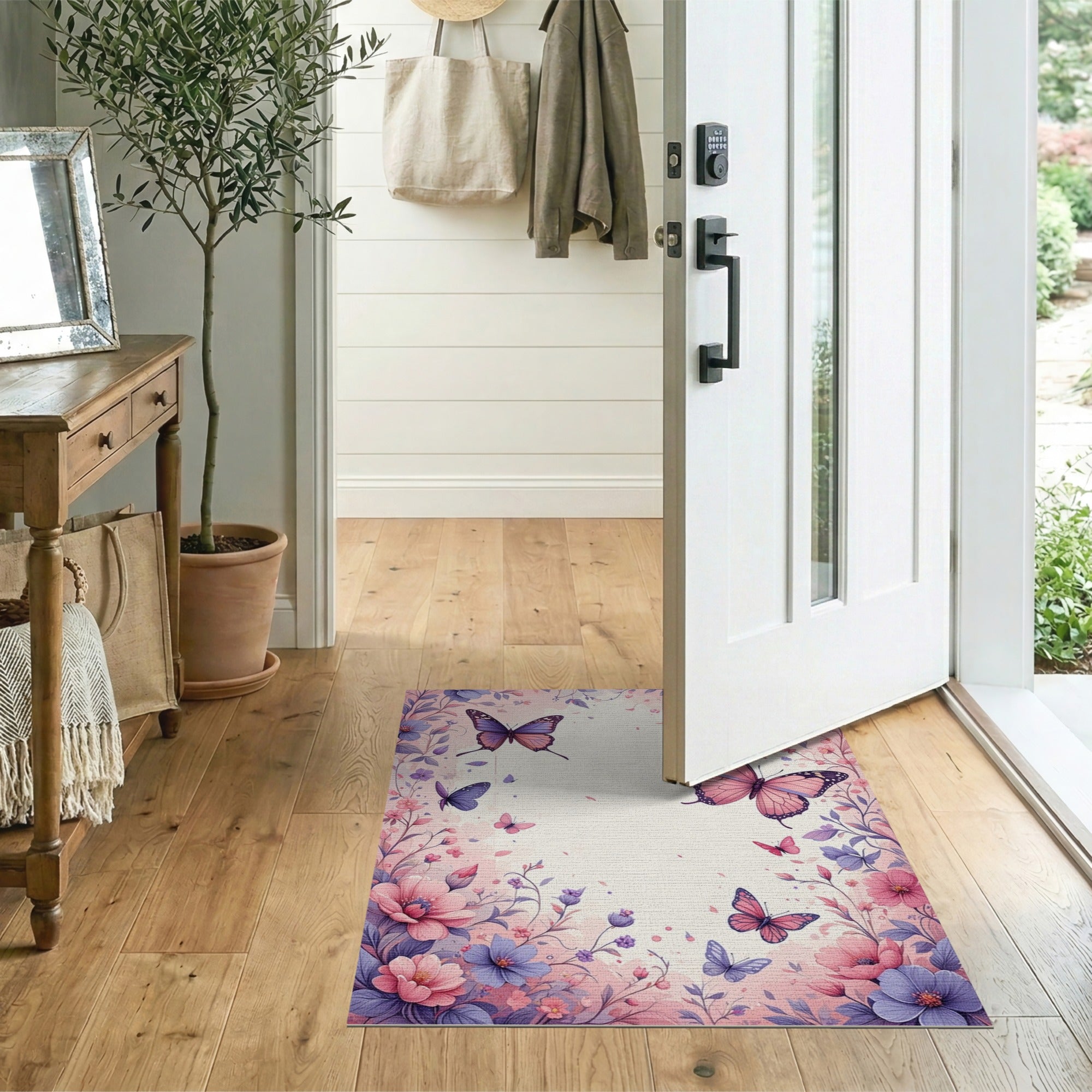 Pink Purple Butterfly Floral Area Rug