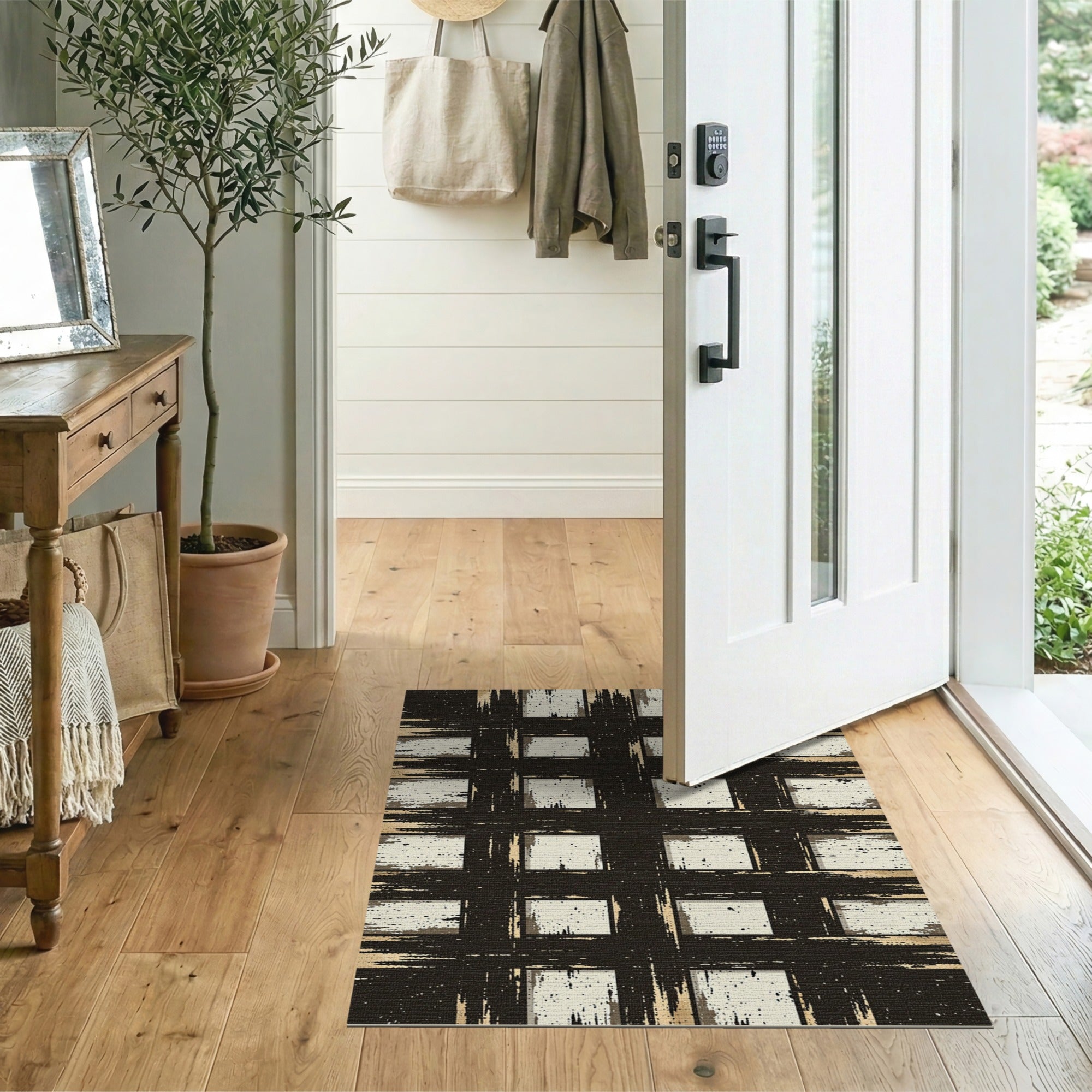 Distressed Black White Grid Area Rug